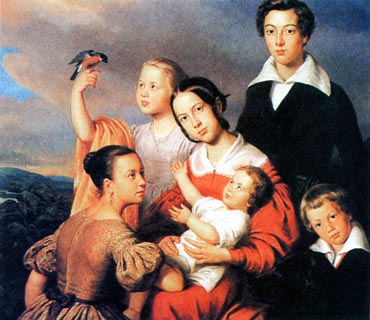 Retrato de niños con pajarito y perro